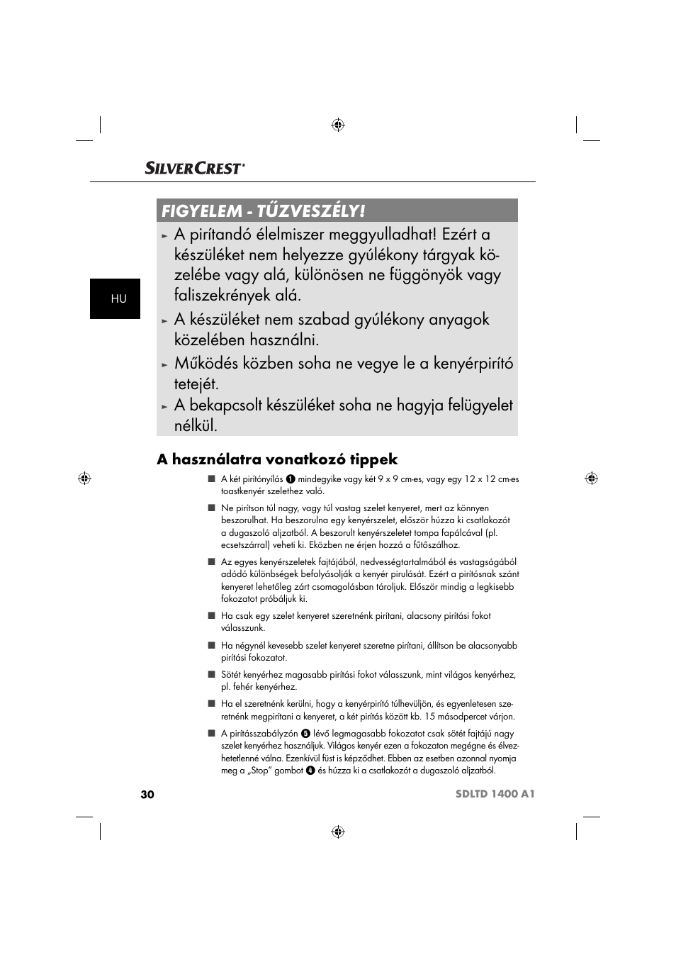 Figyelem - tűzveszély, A használatra vonatkozó tippek | Silvercrest SDLTD 1400 A1 User Manual | Page 33 / 64