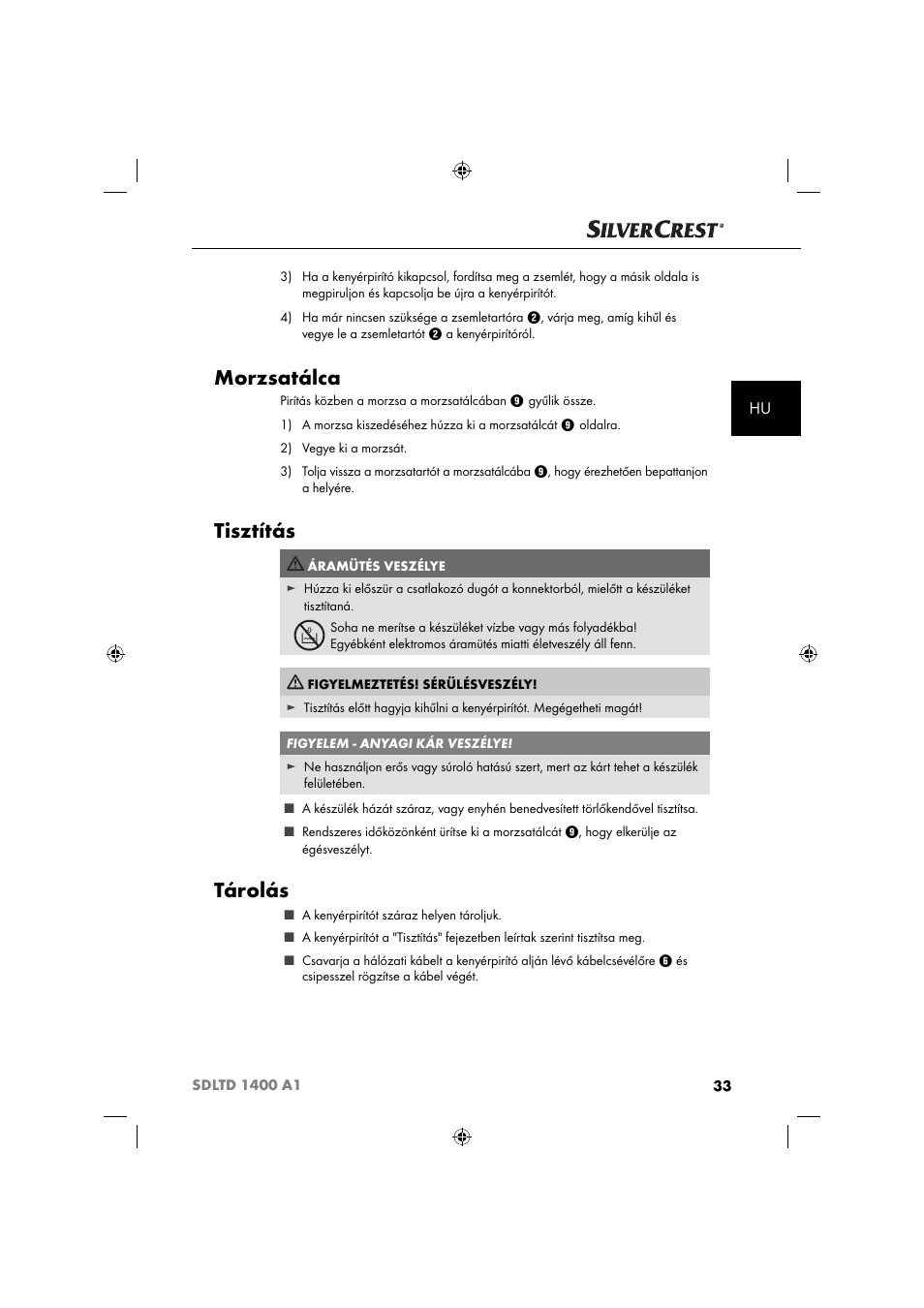 Morzsatálca, Tisztítás, Tárolás | Silvercrest SDLTD 1400 A1 User Manual | Page 36 / 64