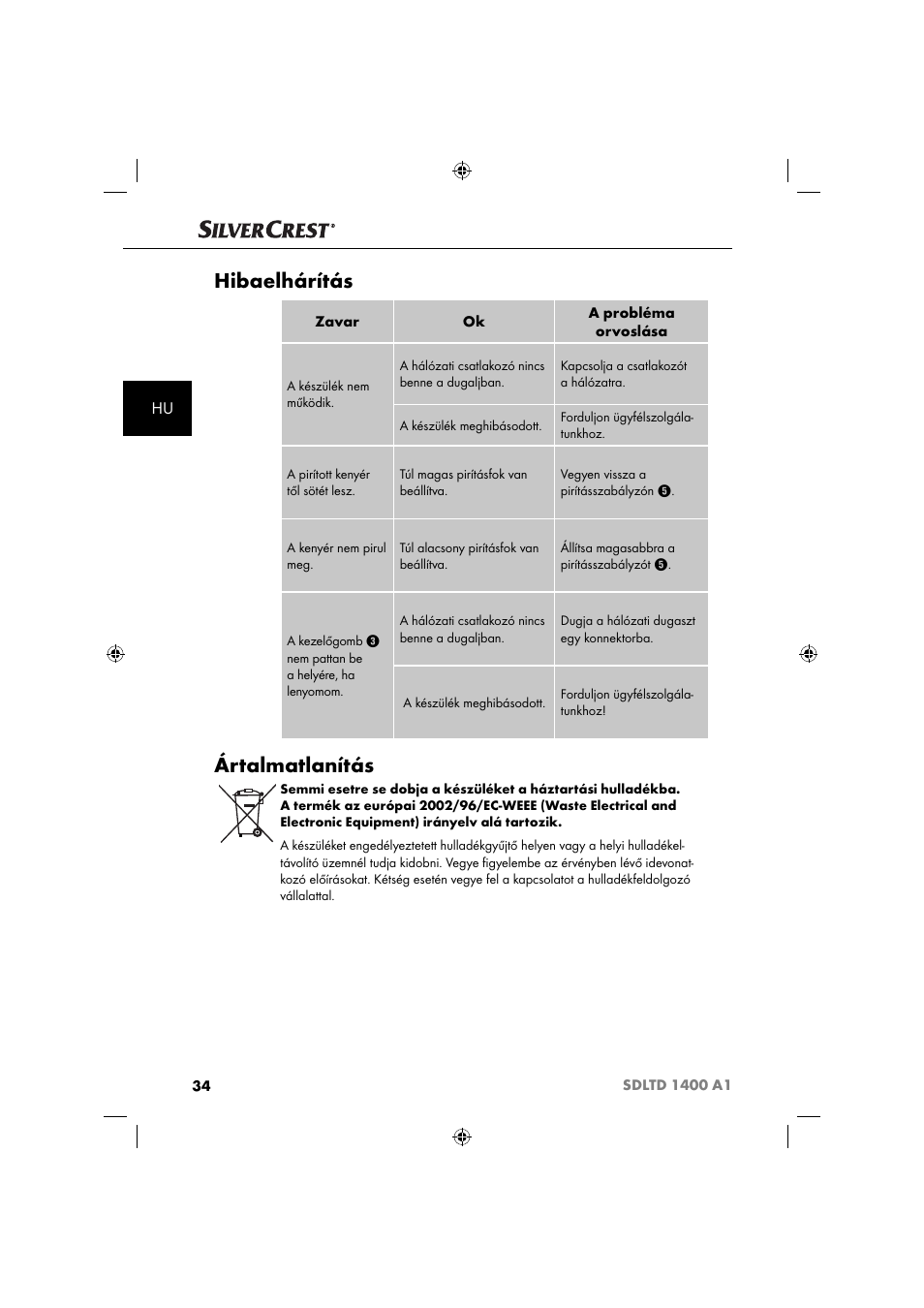 Hibaelhárítás, Ártalmatlanítás | Silvercrest SDLTD 1400 A1 User Manual | Page 37 / 64