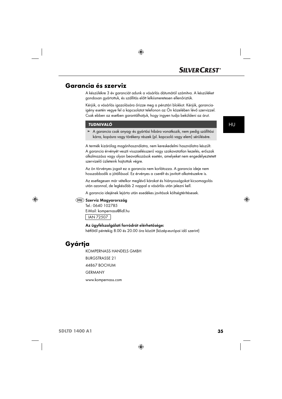 Garancia és szerviz, Gyártja | Silvercrest SDLTD 1400 A1 User Manual | Page 38 / 64