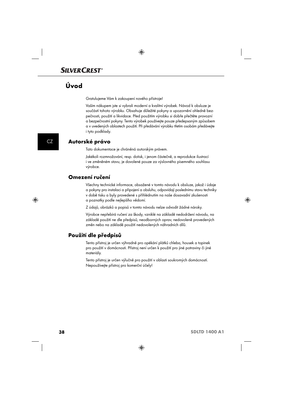 Úvod, Autorské právo, Omezení ručení | Použití dle předpisů | Silvercrest SDLTD 1400 A1 User Manual | Page 41 / 64