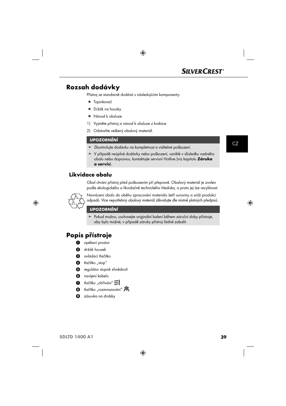 Rozsah dodávky, Popis přístroje, Likvidace obalu | Silvercrest SDLTD 1400 A1 User Manual | Page 42 / 64