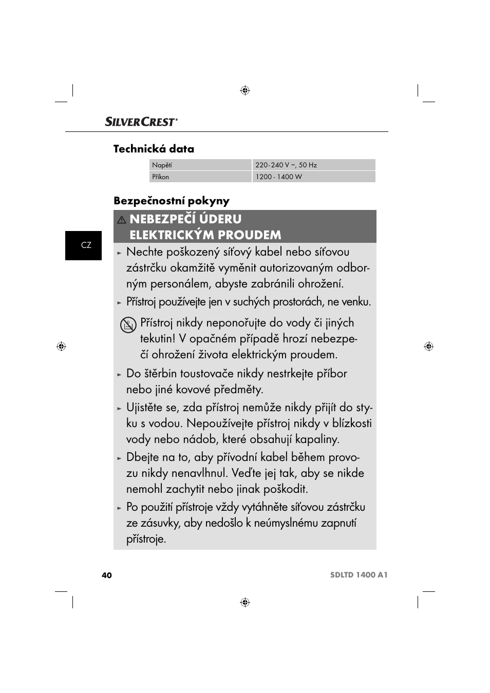 Nebezpečí úderu elektrickým proudem, Technická data, Bezpečnostní pokyny | Silvercrest SDLTD 1400 A1 User Manual | Page 43 / 64
