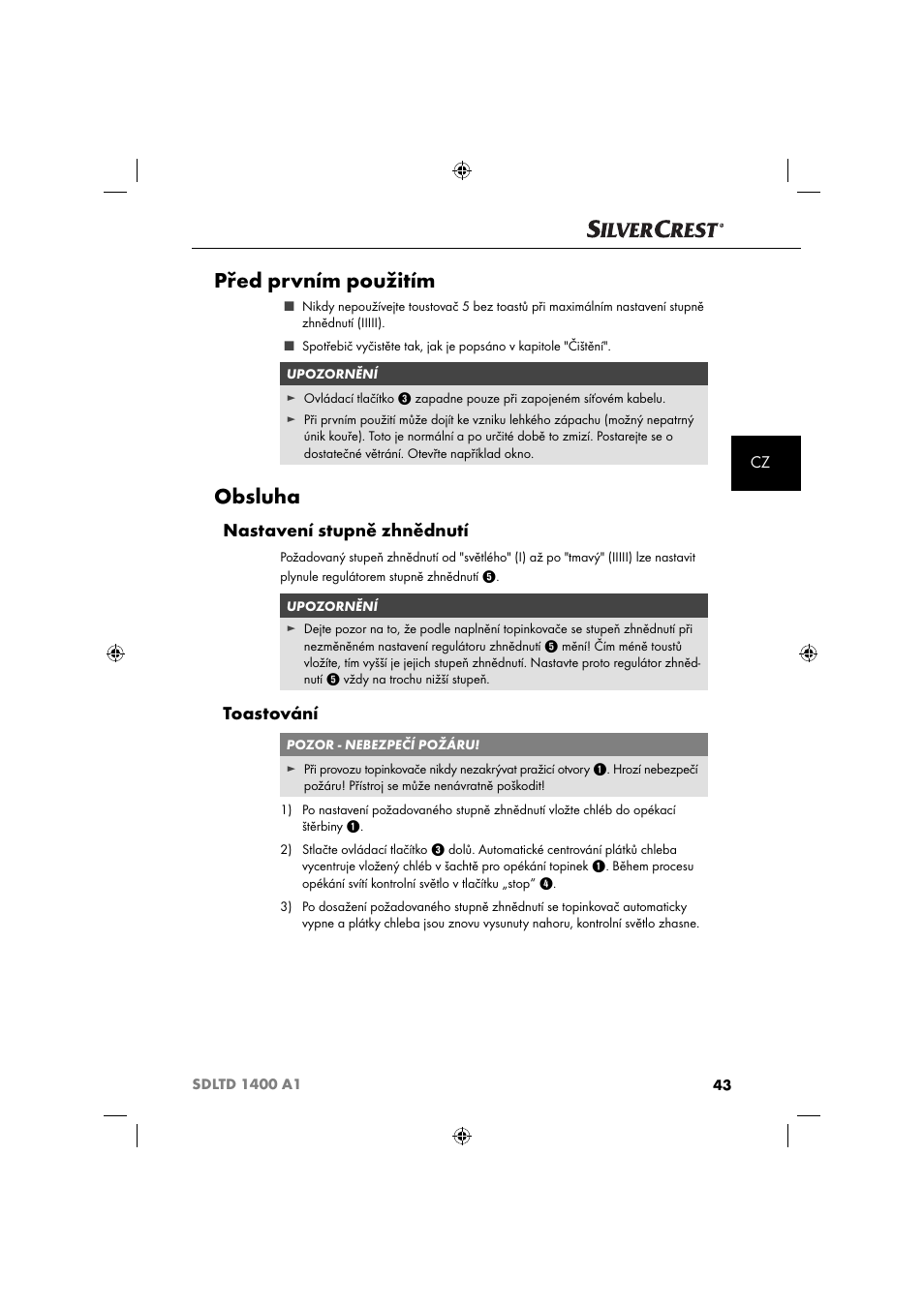 Před prvním použitím, Obsluha, Nastavení stupně zhnědnutí | Toastování | Silvercrest SDLTD 1400 A1 User Manual | Page 46 / 64