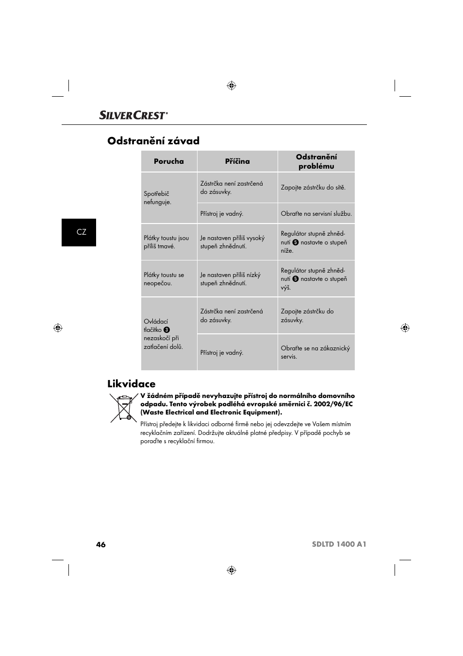 Odstranění závad, Likvidace | Silvercrest SDLTD 1400 A1 User Manual | Page 49 / 64