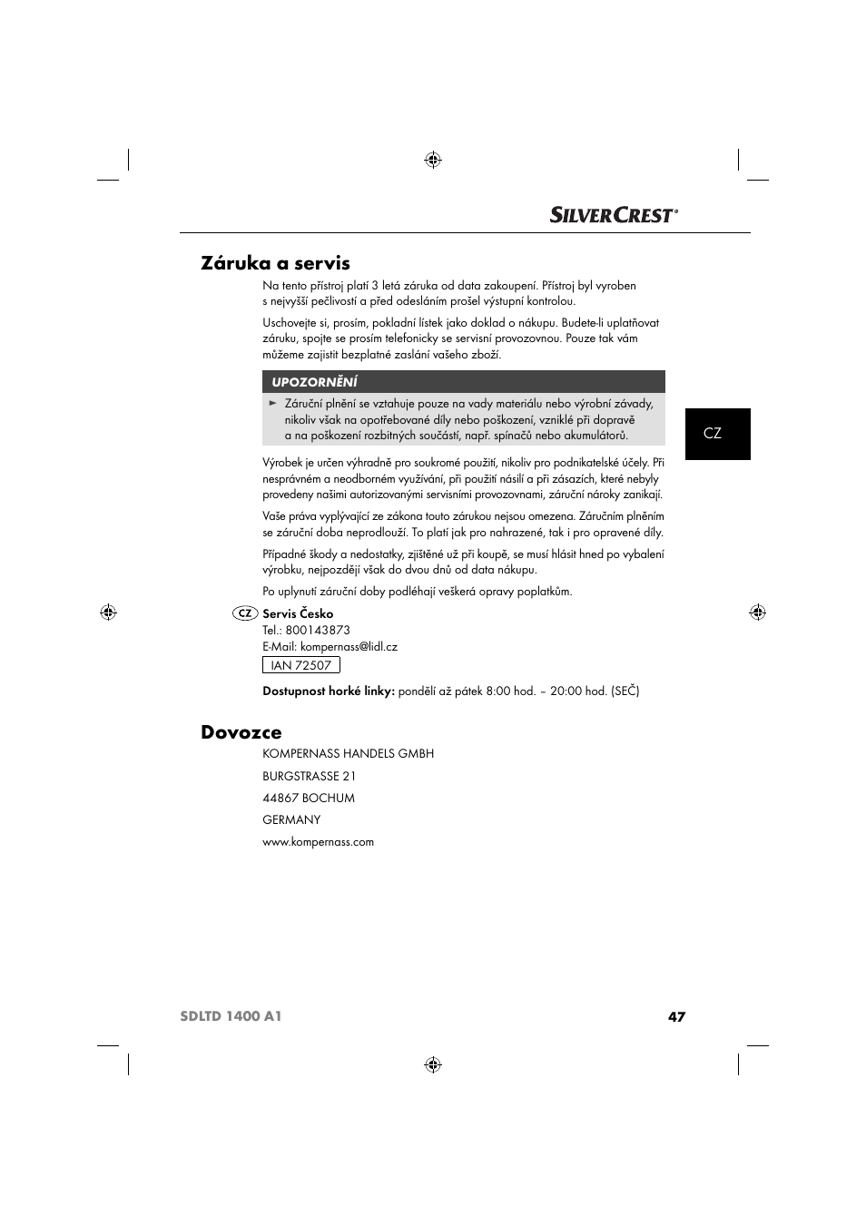 Záruka a servis, Dovozce | Silvercrest SDLTD 1400 A1 User Manual | Page 50 / 64