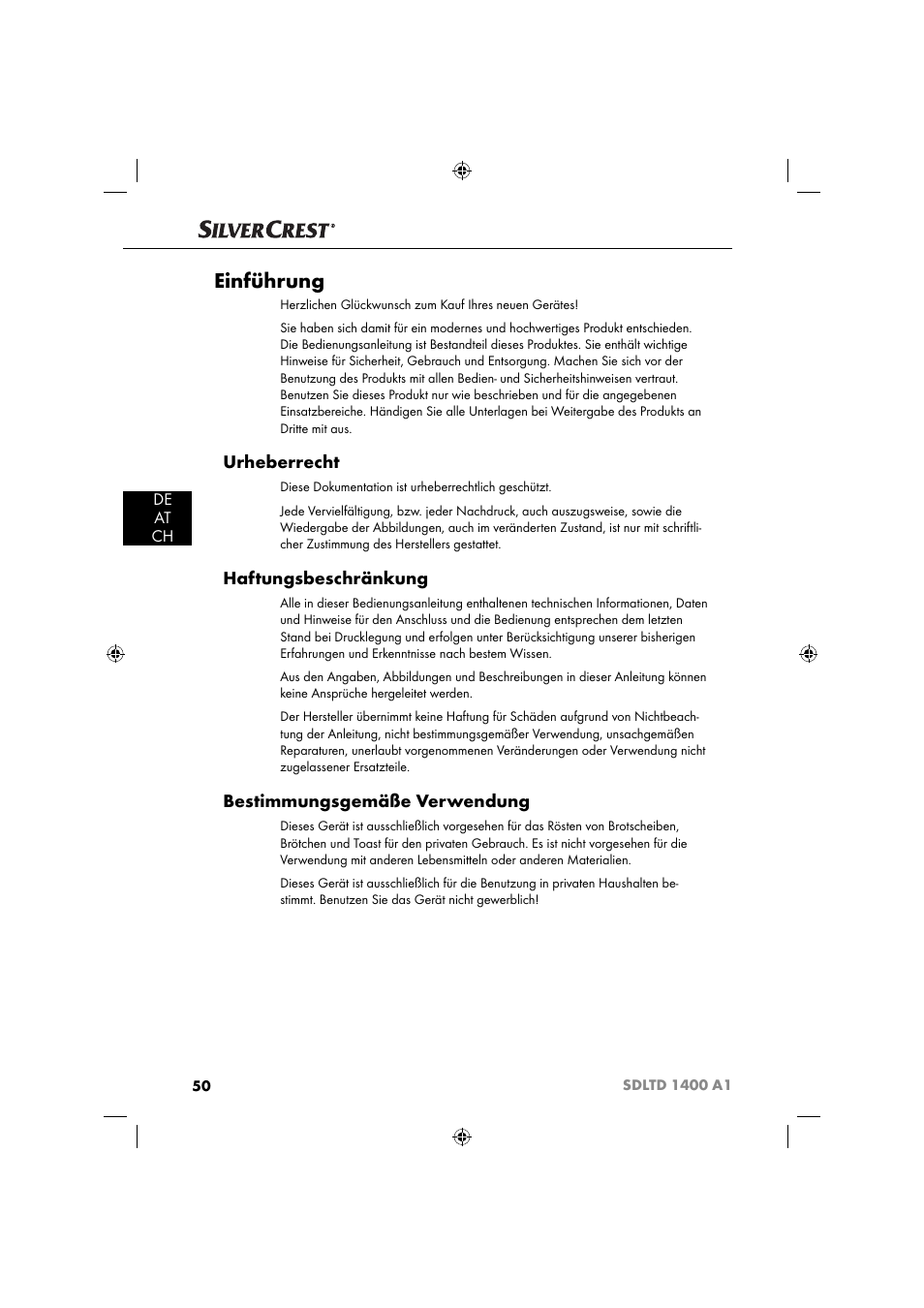 Einführung, Urheberrecht, Haftungsbeschränkung | Bestimmungsgemäße verwendung, De at ch | Silvercrest SDLTD 1400 A1 User Manual | Page 53 / 64