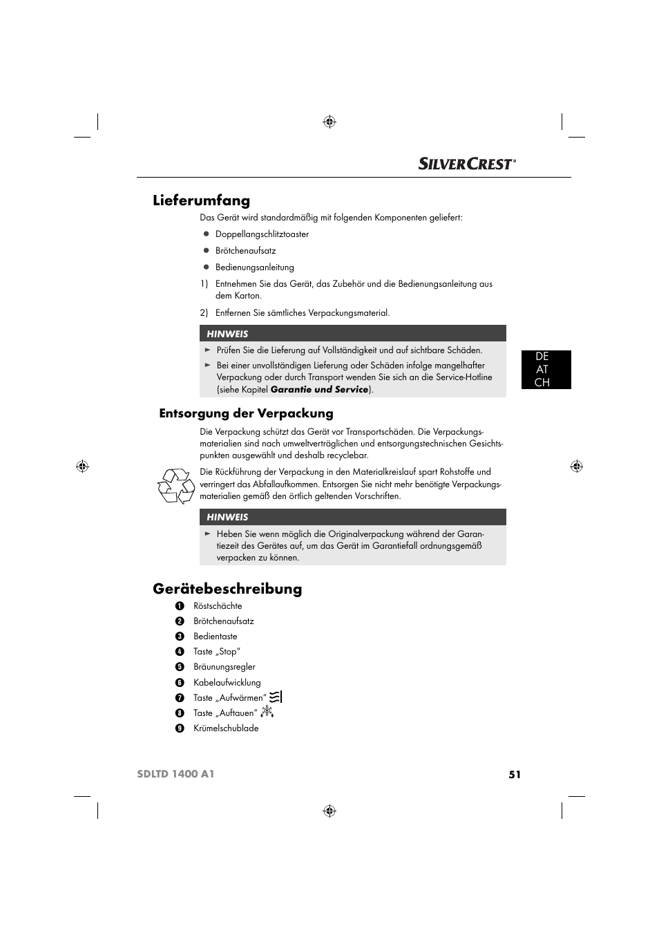 Lieferumfang, Gerätebeschreibung, Entsorgung der verpackung | De at ch | Silvercrest SDLTD 1400 A1 User Manual | Page 54 / 64