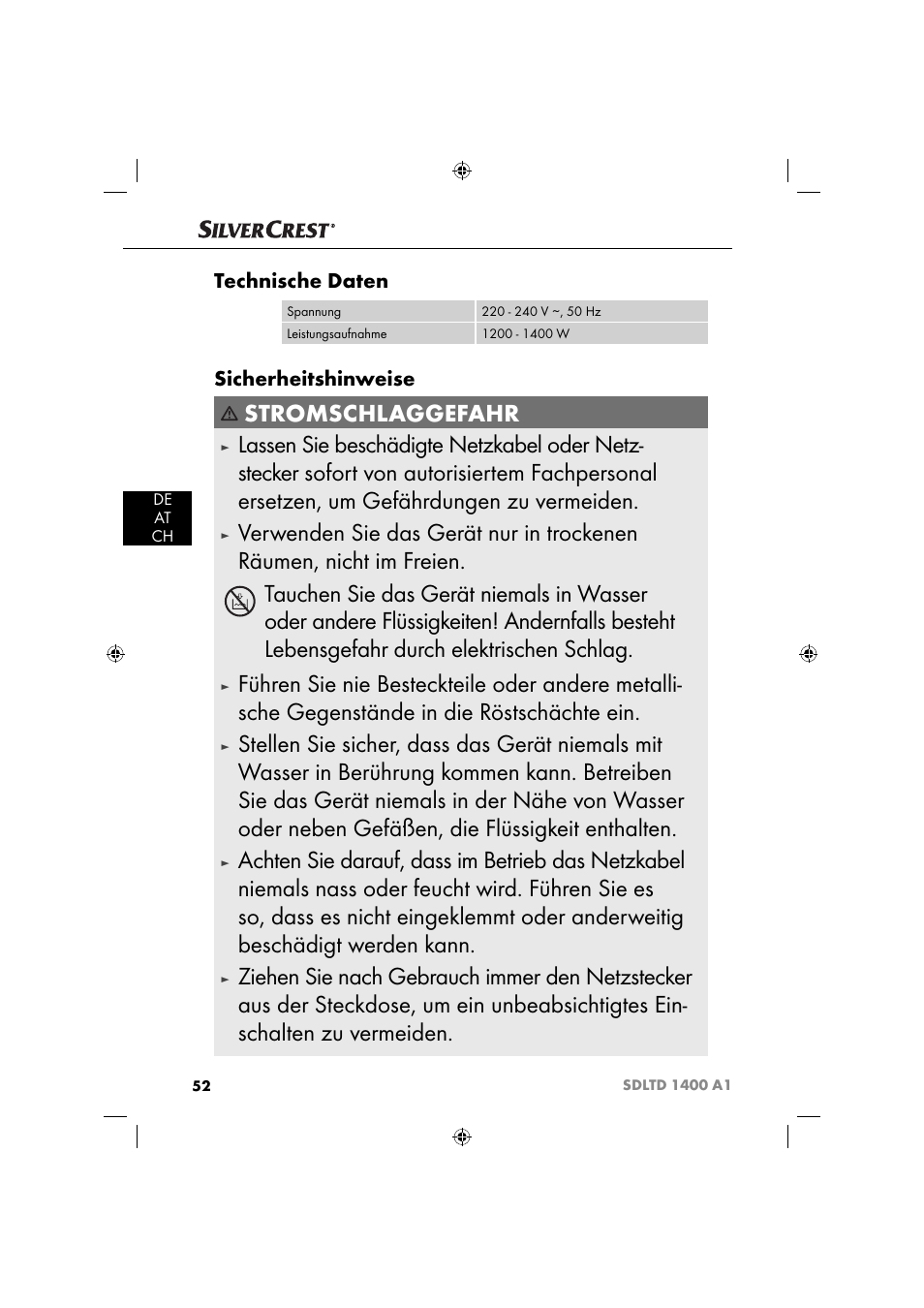 Stromschlaggefahr, Technische daten, Sicherheitshinweise | Silvercrest SDLTD 1400 A1 User Manual | Page 55 / 64