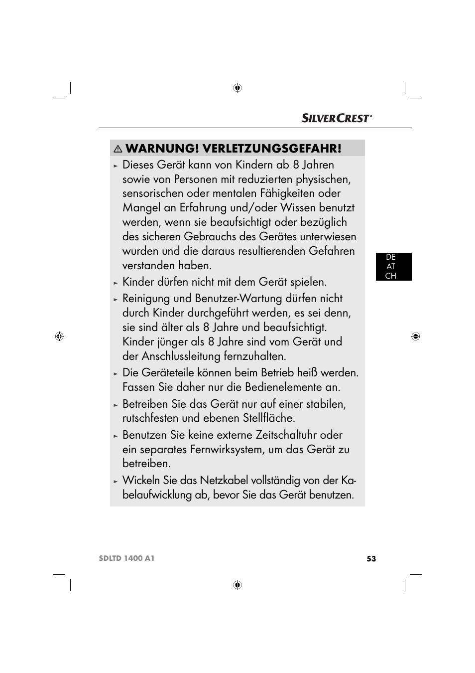 Warnung! verletzungsgefahr, Kinder dürfen nicht mit dem gerät spielen | Silvercrest SDLTD 1400 A1 User Manual | Page 56 / 64