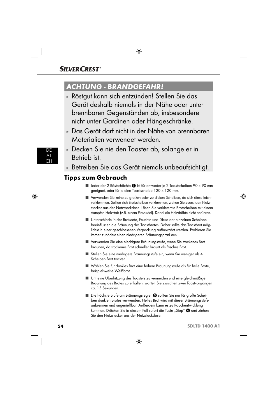 Achtung - brandgefahr, Betreiben sie das gerät niemals unbeaufsichtigt, Tipps zum gebrauch | Silvercrest SDLTD 1400 A1 User Manual | Page 57 / 64