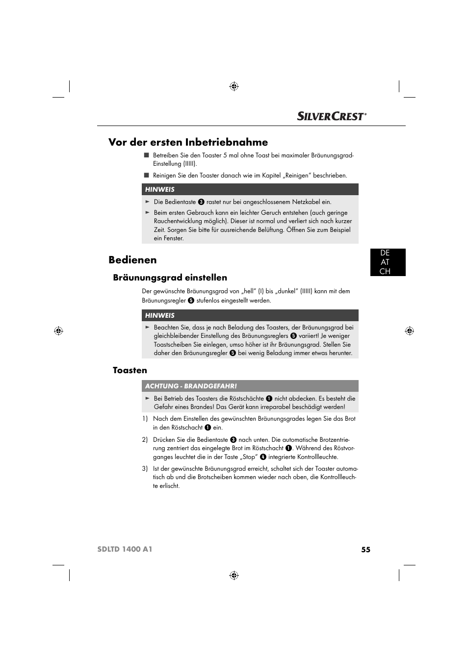 Vor der ersten inbetriebnahme, Bedienen, Bräunungsgrad einstellen | Toasten, De at ch | Silvercrest SDLTD 1400 A1 User Manual | Page 58 / 64