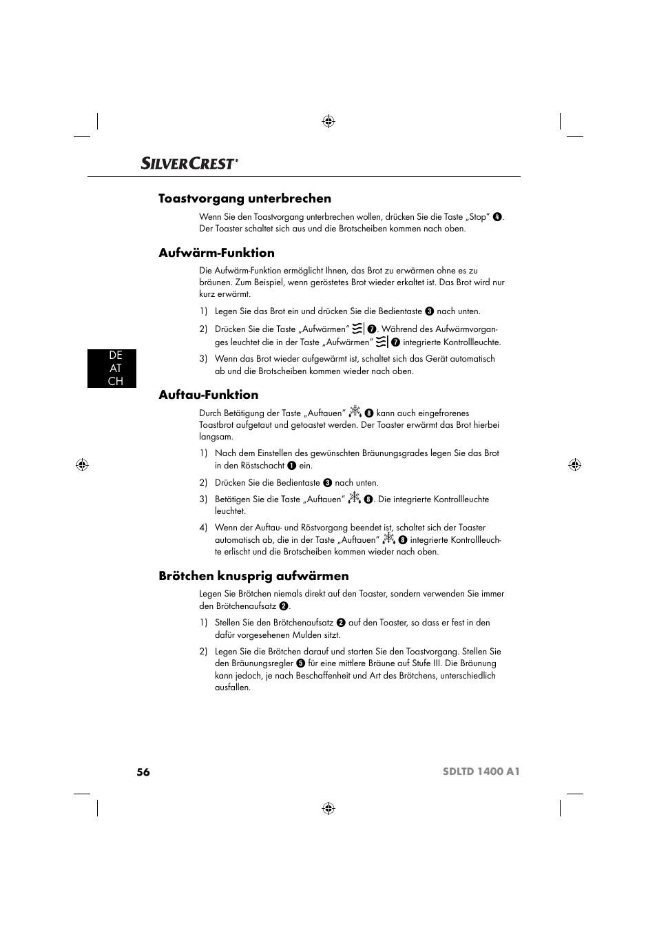 Toastvorgang unterbrechen, Aufwärm-funktion, Auftau-funktion | Brötchen knusprig aufwärmen, De at ch | Silvercrest SDLTD 1400 A1 User Manual | Page 59 / 64