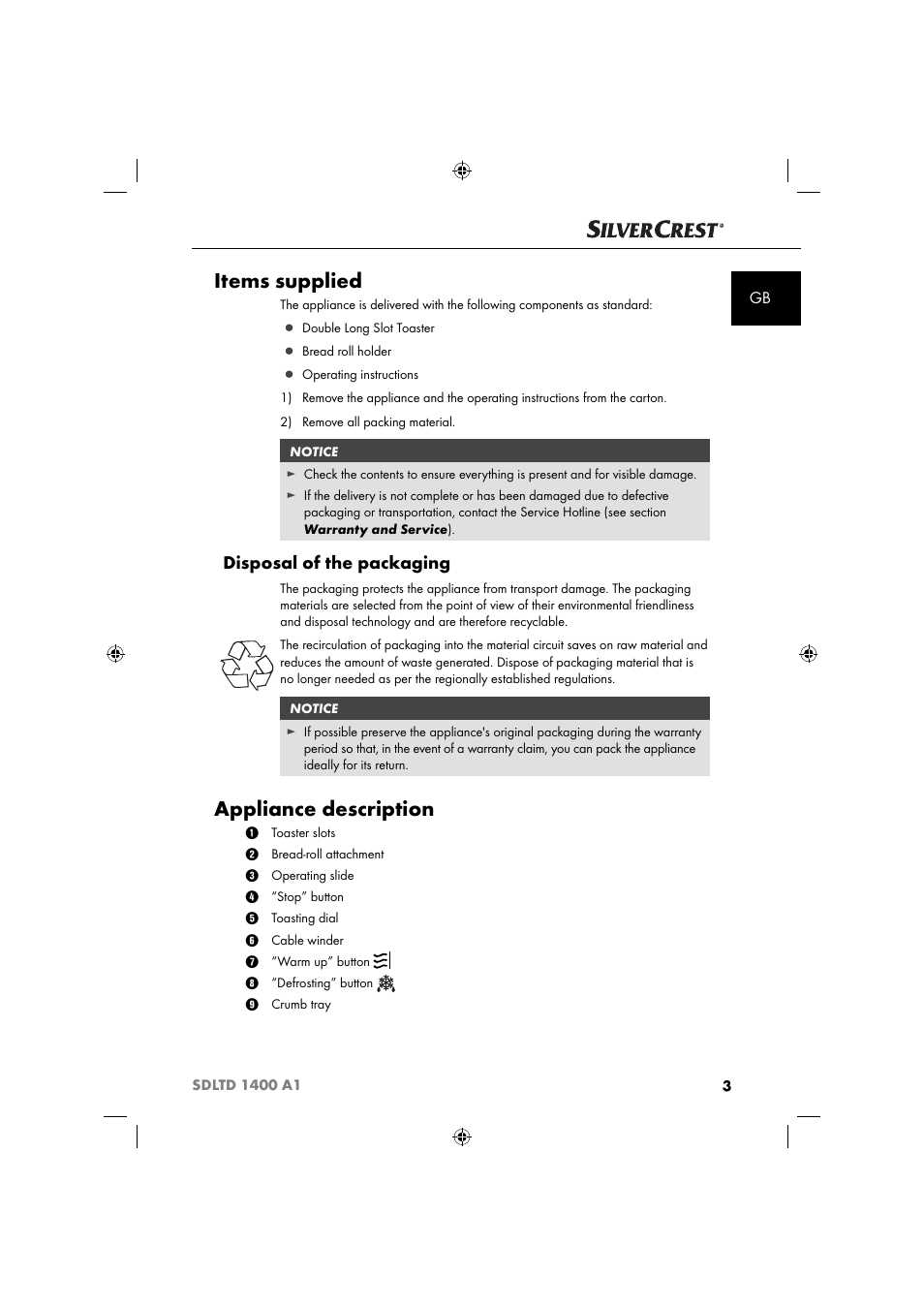 Items supplied, Appliance description, Disposal of the packaging | Silvercrest SDLTD 1400 A1 User Manual | Page 6 / 64