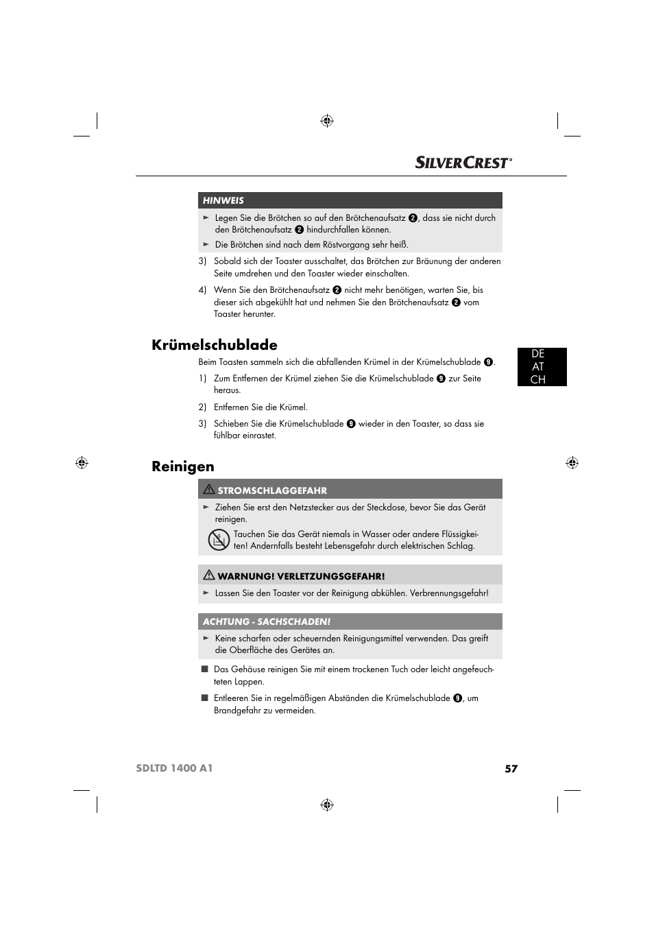 Krümelschublade, Reinigen, De at ch | Silvercrest SDLTD 1400 A1 User Manual | Page 60 / 64