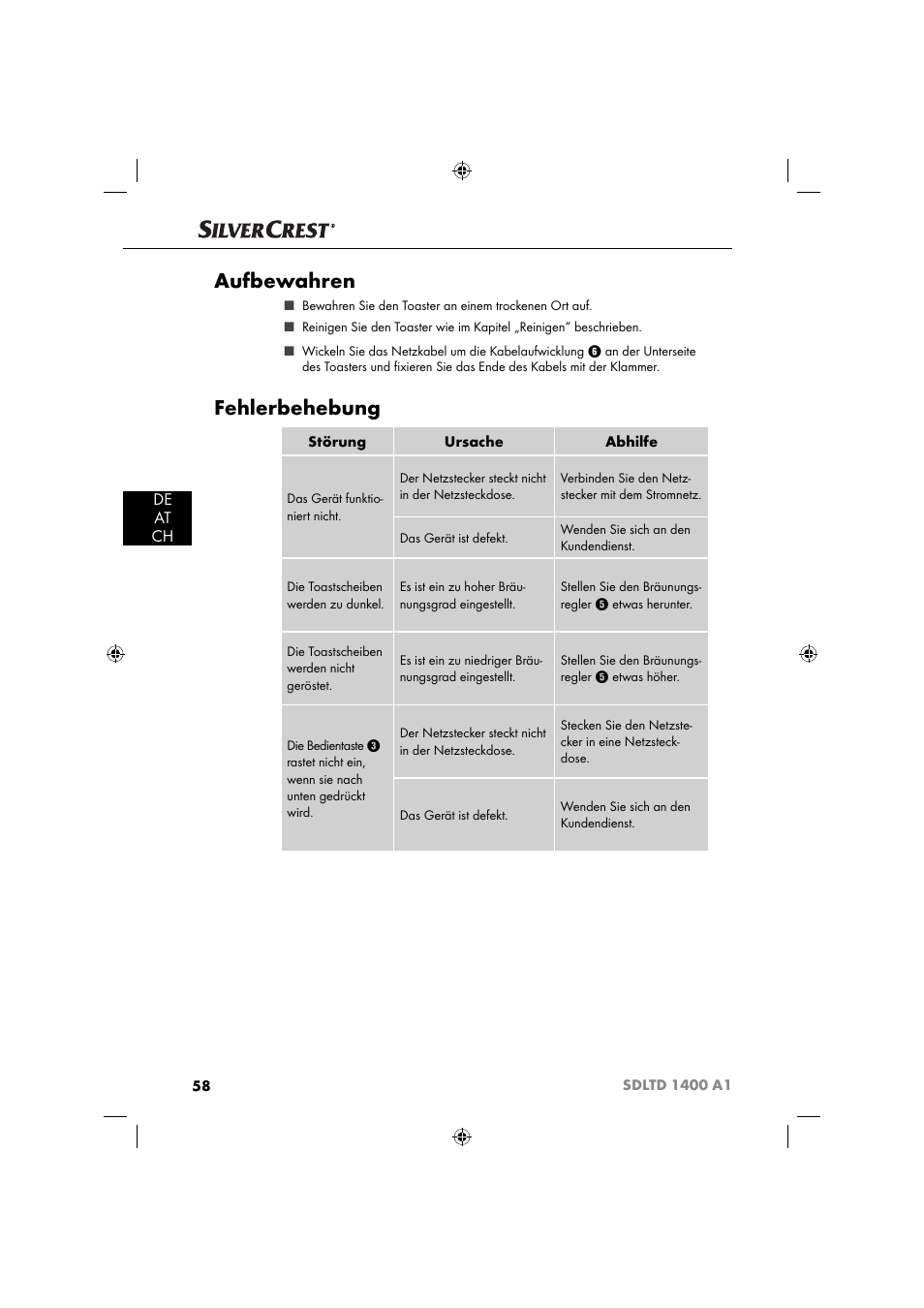 Aufbewahren, Fehlerbehebung, De at ch | Silvercrest SDLTD 1400 A1 User Manual | Page 61 / 64