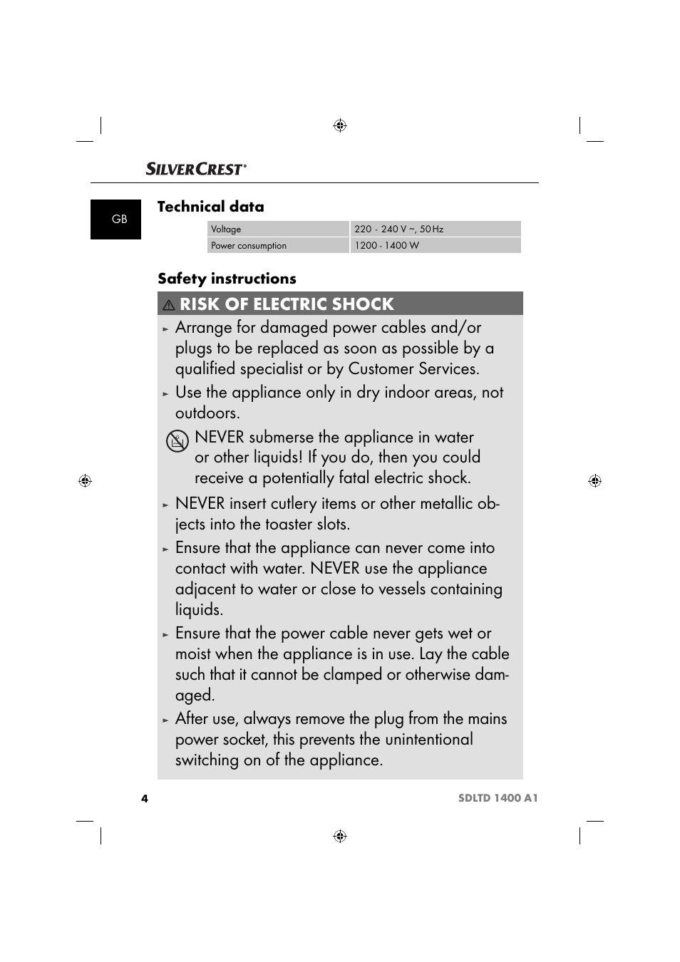 Risk of electric shock, Technical data, Safety instructions | Silvercrest SDLTD 1400 A1 User Manual | Page 7 / 64