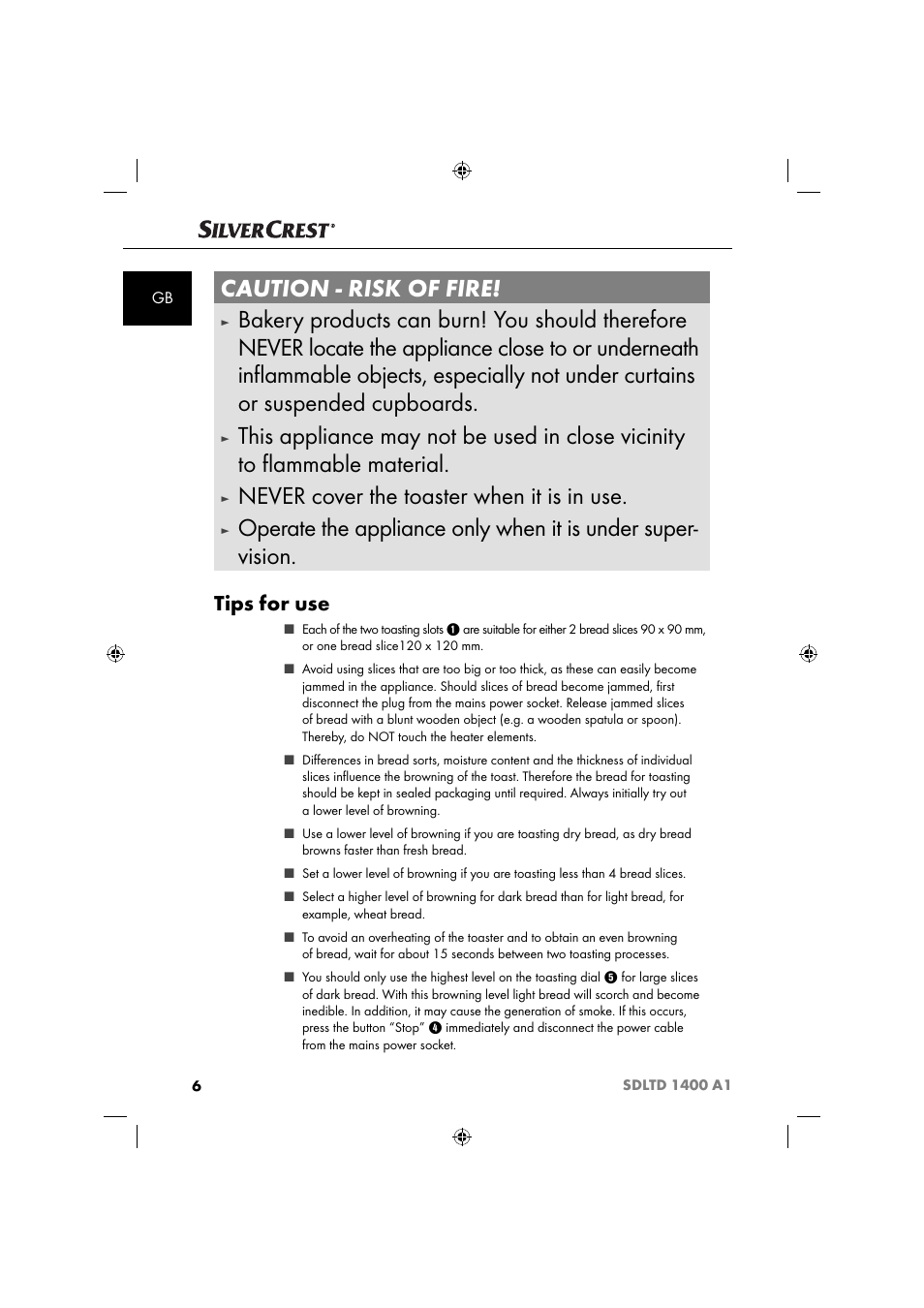 Caution - risk of fire, Never cover the toaster when it is in use, Tips for use | Silvercrest SDLTD 1400 A1 User Manual | Page 9 / 64