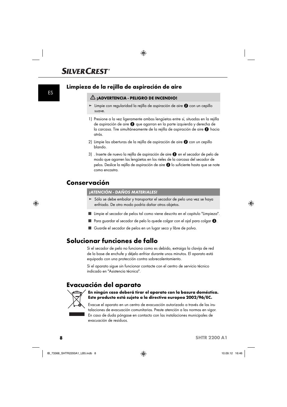 Conservación, Solucionar funciones de fallo, Evacuación del aparato | Limpieza de la rejilla de aspiración de aire | Silvercrest SHTR 2200 A1 User Manual | Page 11 / 54