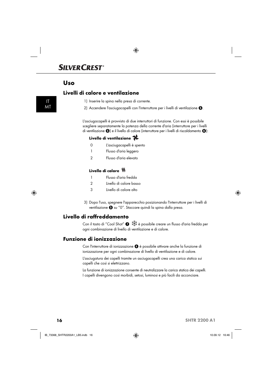 Livelli di calore e ventilazione, Livello di raﬀ reddamento, Funzione di ionizzazione | It mt | Silvercrest SHTR 2200 A1 User Manual | Page 19 / 54