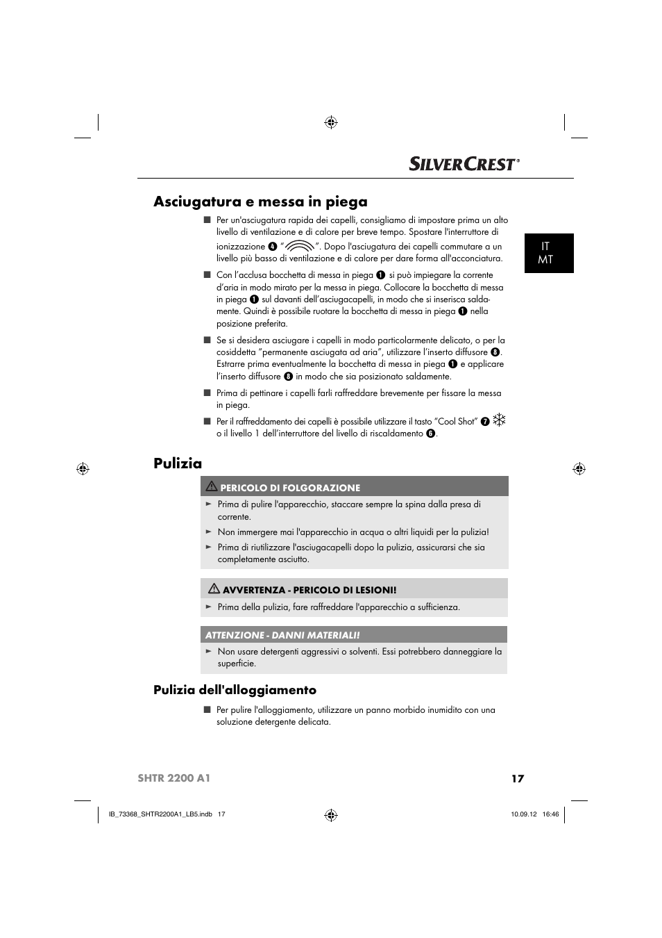 Asciugatura e messa in piega, Pulizia, Pulizia dell'alloggiamento | It mt | Silvercrest SHTR 2200 A1 User Manual | Page 20 / 54
