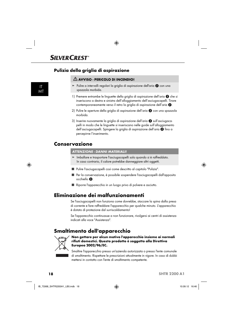 Conservazione, Eliminazione dei malfunzionamenti, Smaltimento dell'apparecchio | Pulizia della griglia di aspirazione, It mt | Silvercrest SHTR 2200 A1 User Manual | Page 21 / 54