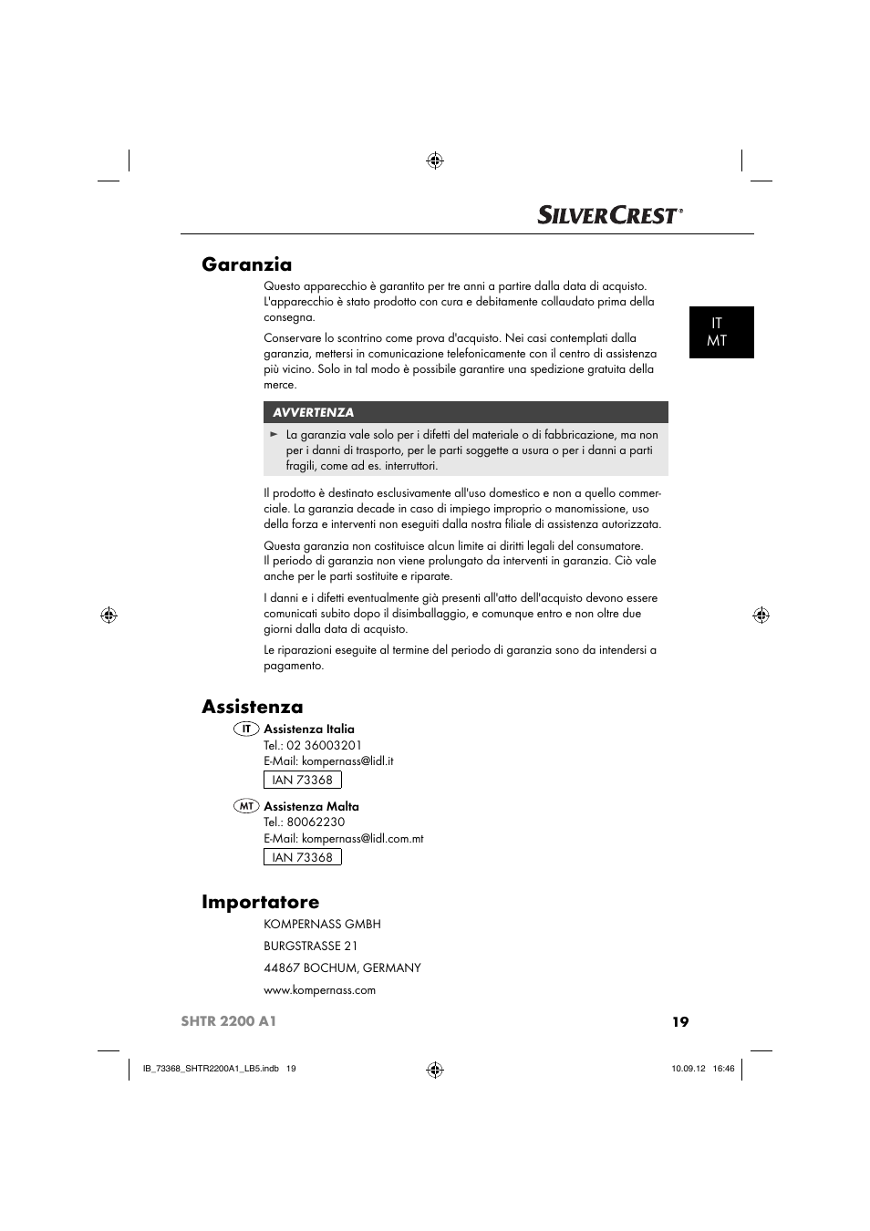 Garanzia, Assistenza, Importatore | It mt | Silvercrest SHTR 2200 A1 User Manual | Page 22 / 54