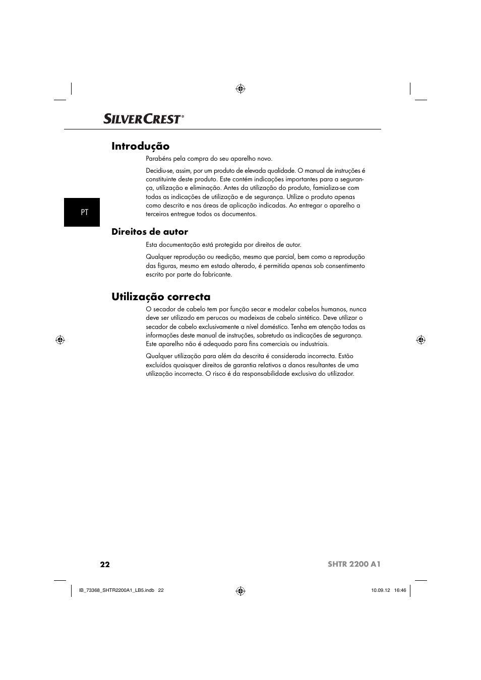 Introdução, Utilização correcta, Direitos de autor | Silvercrest SHTR 2200 A1 User Manual | Page 25 / 54