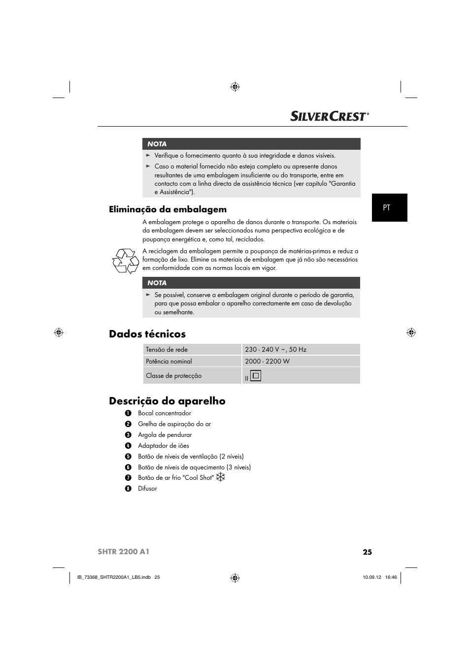 Dados técnicos, Descrição do aparelho, Eliminação da embalagem | Silvercrest SHTR 2200 A1 User Manual | Page 28 / 54