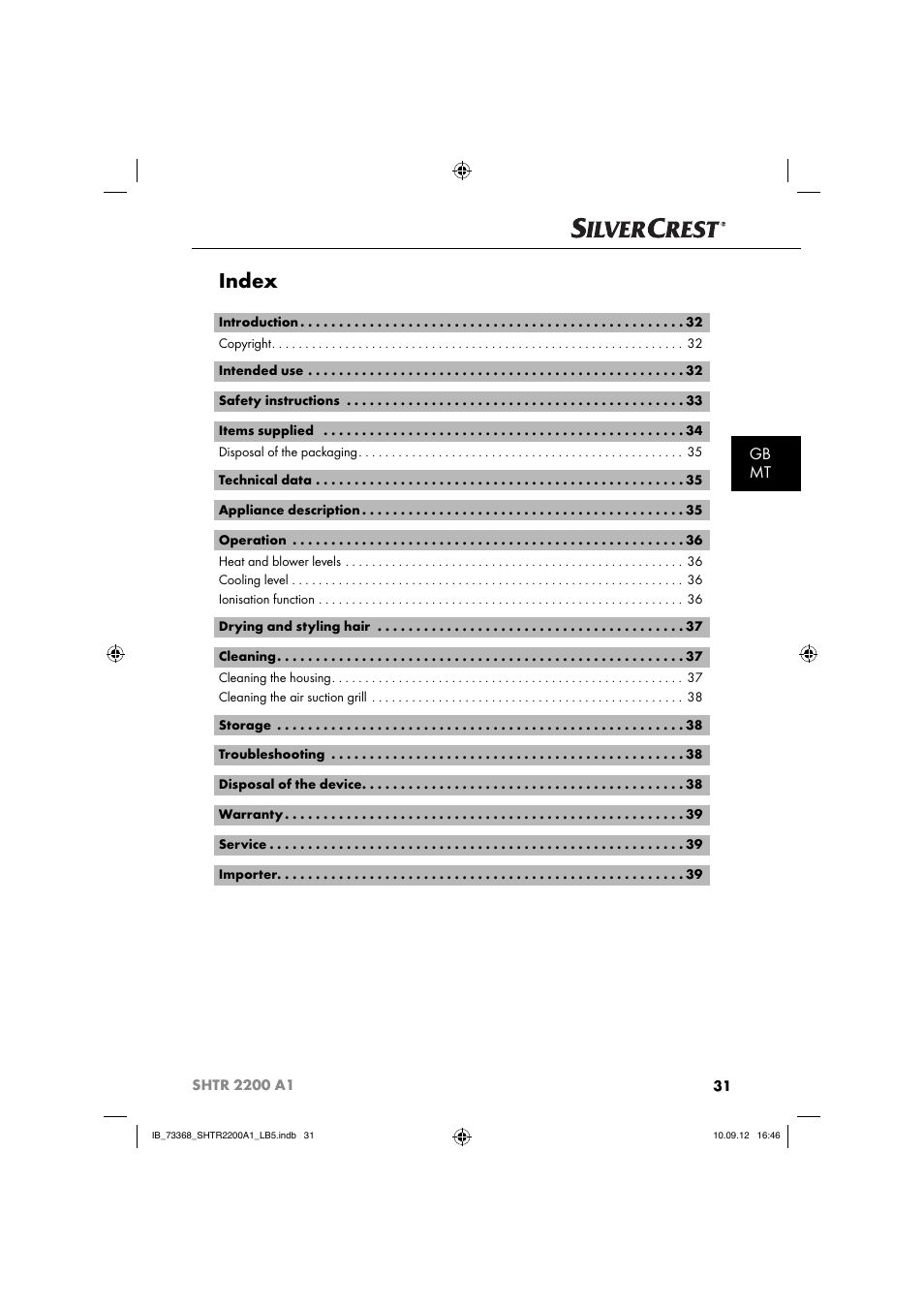 Index, Gb mt | Silvercrest SHTR 2200 A1 User Manual | Page 34 / 54