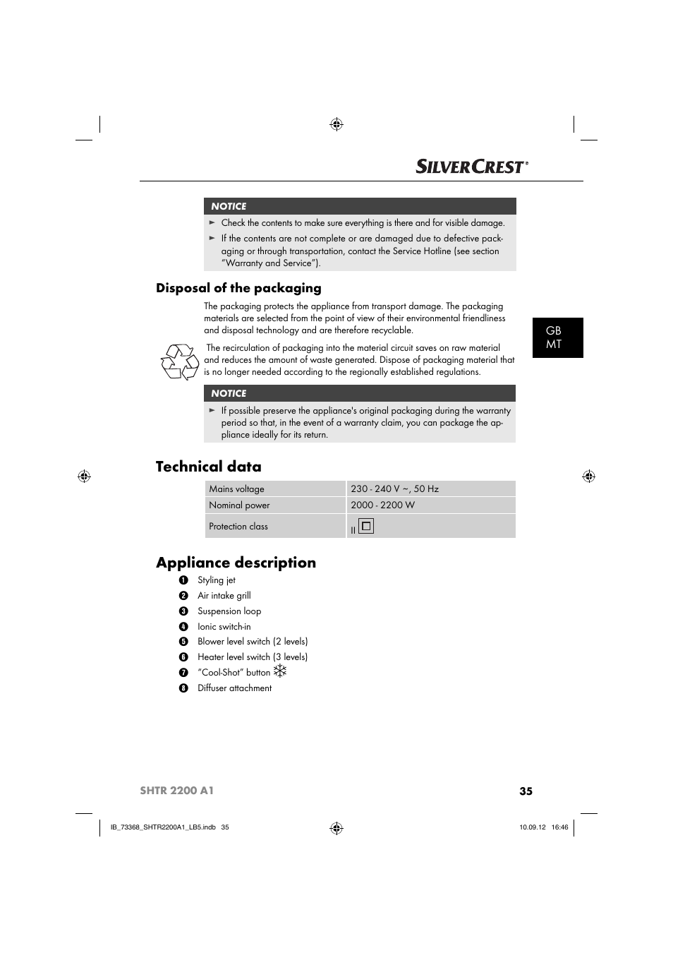 Technical data, Appliance description, Disposal of the packaging | Gb mt | Silvercrest SHTR 2200 A1 User Manual | Page 38 / 54