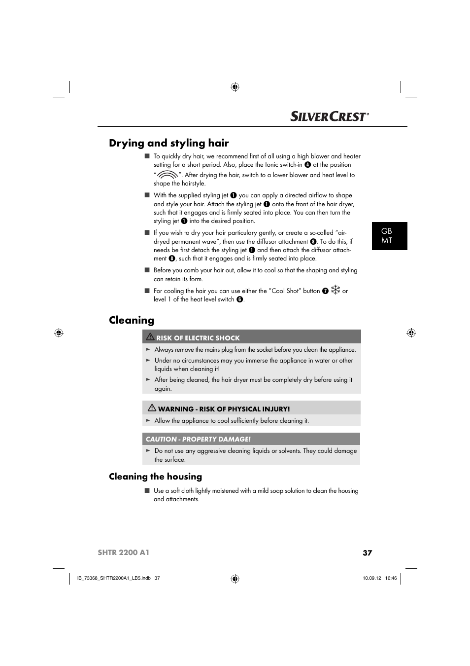 Drying and styling hair, Cleaning, Cleaning the housing | Gb mt | Silvercrest SHTR 2200 A1 User Manual | Page 40 / 54