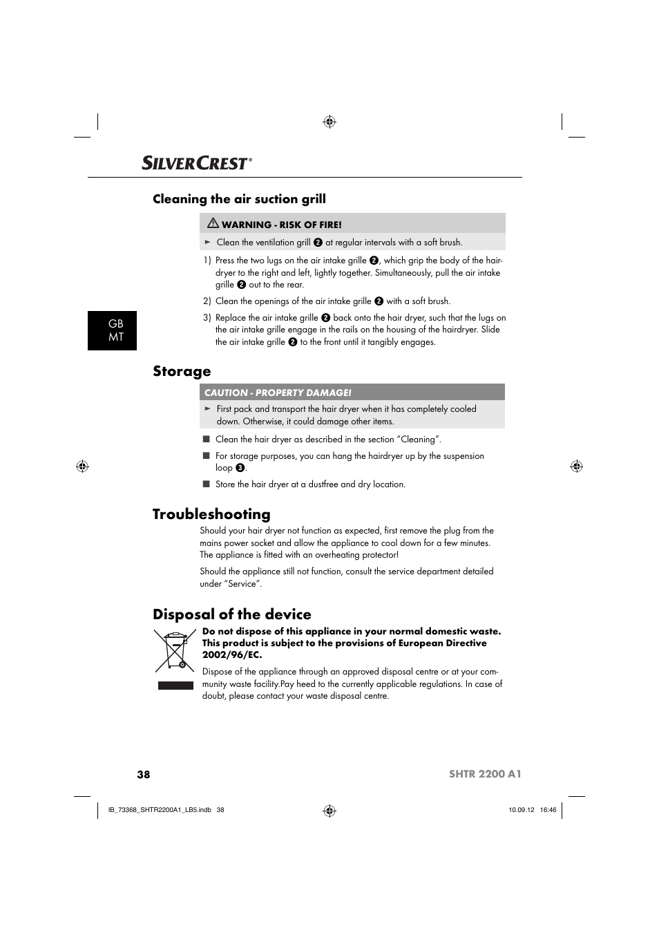 Storage, Troubleshooting, Disposal of the device | Cleaning the air suction grill, Gb mt | Silvercrest SHTR 2200 A1 User Manual | Page 41 / 54