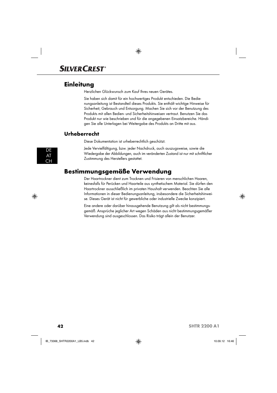 Einleitung, Bestimmungsgemäße verwendung, Urheberrecht | De at ch | Silvercrest SHTR 2200 A1 User Manual | Page 45 / 54