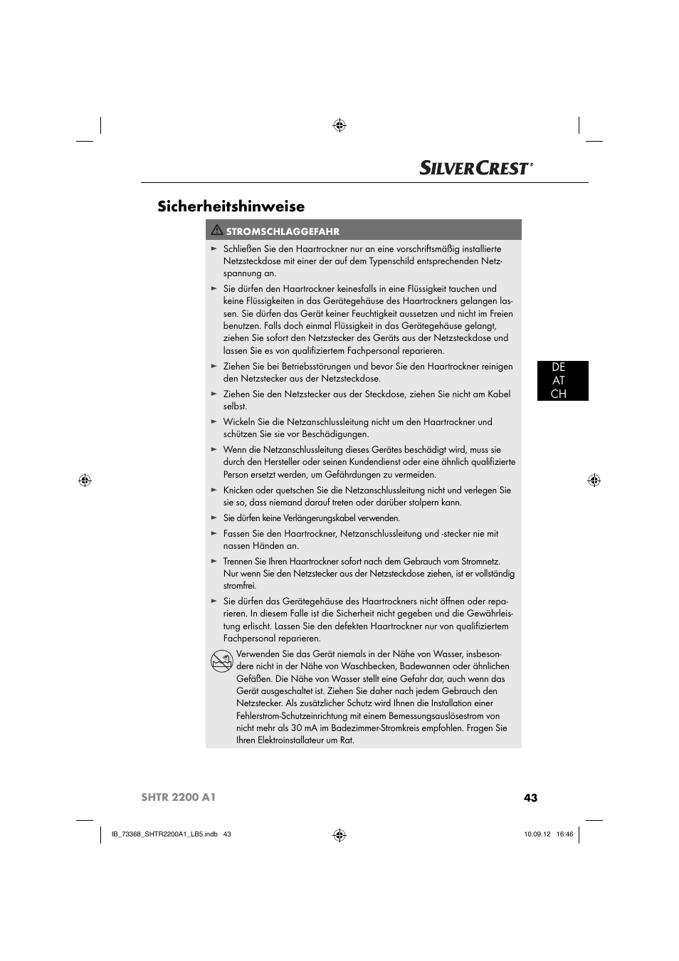 Sicherheitshinweise, De at ch | Silvercrest SHTR 2200 A1 User Manual | Page 46 / 54