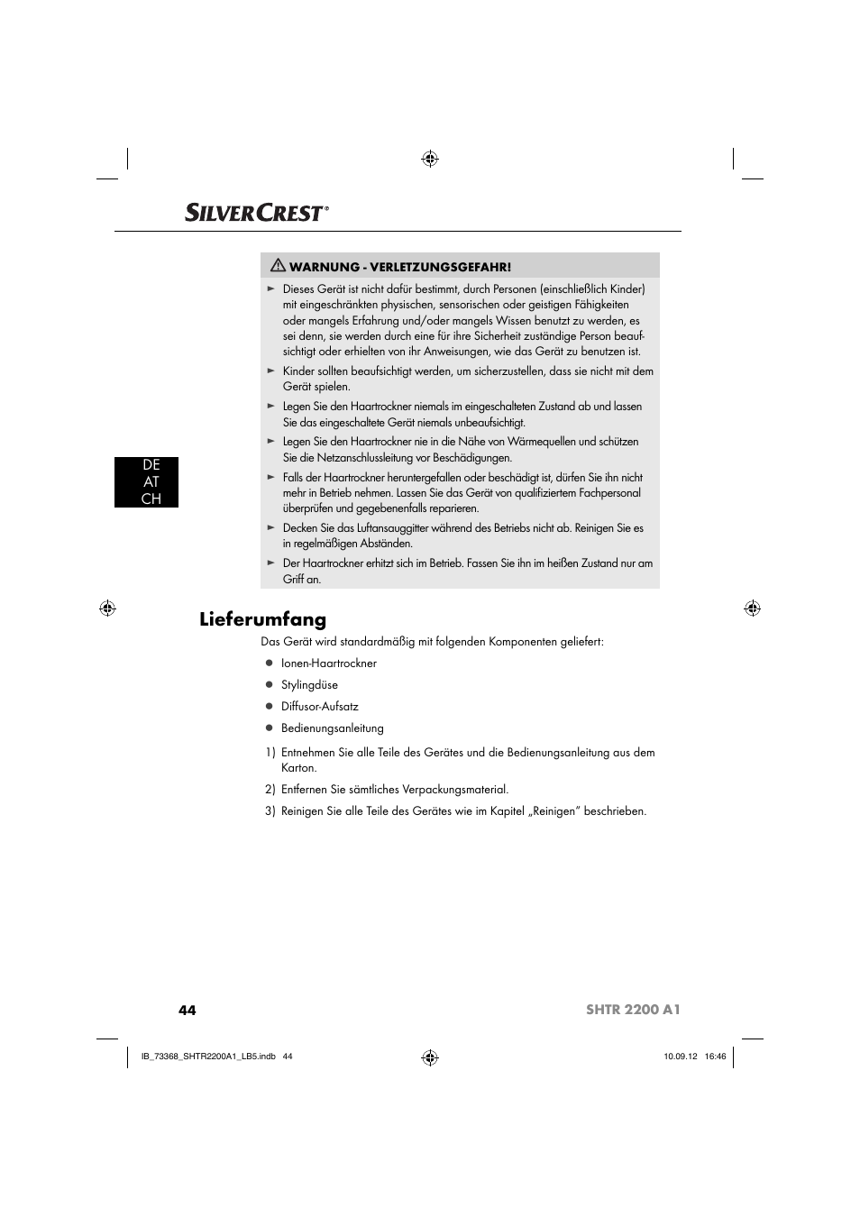 Lieferumfang, De at ch | Silvercrest SHTR 2200 A1 User Manual | Page 47 / 54