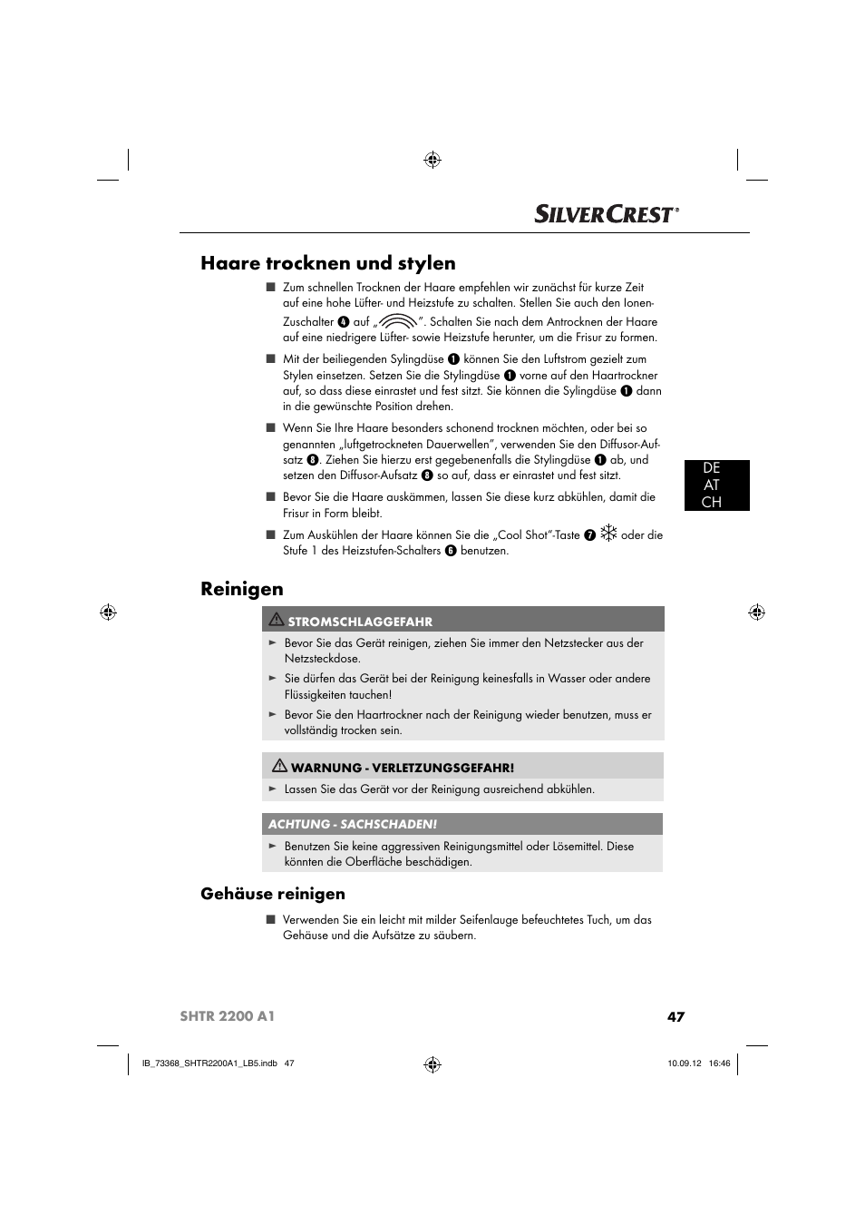 Haare trocknen und stylen, Reinigen, Gehäuse reinigen | De at ch | Silvercrest SHTR 2200 A1 User Manual | Page 50 / 54