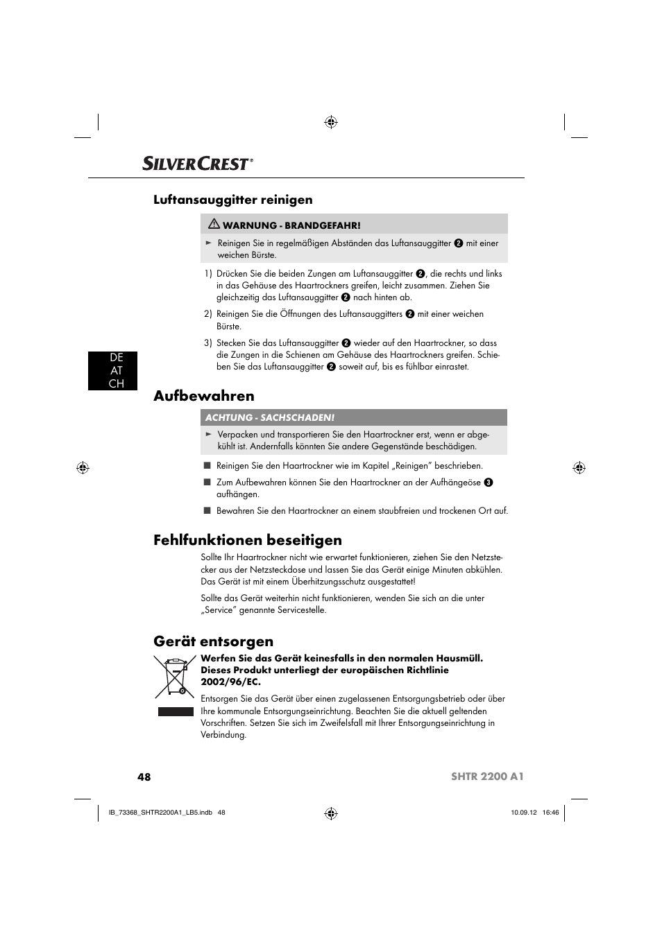 Aufbewahren, Fehlfunktionen beseitigen, Gerät entsorgen | Luftansauggitter reinigen, De at ch | Silvercrest SHTR 2200 A1 User Manual | Page 51 / 54