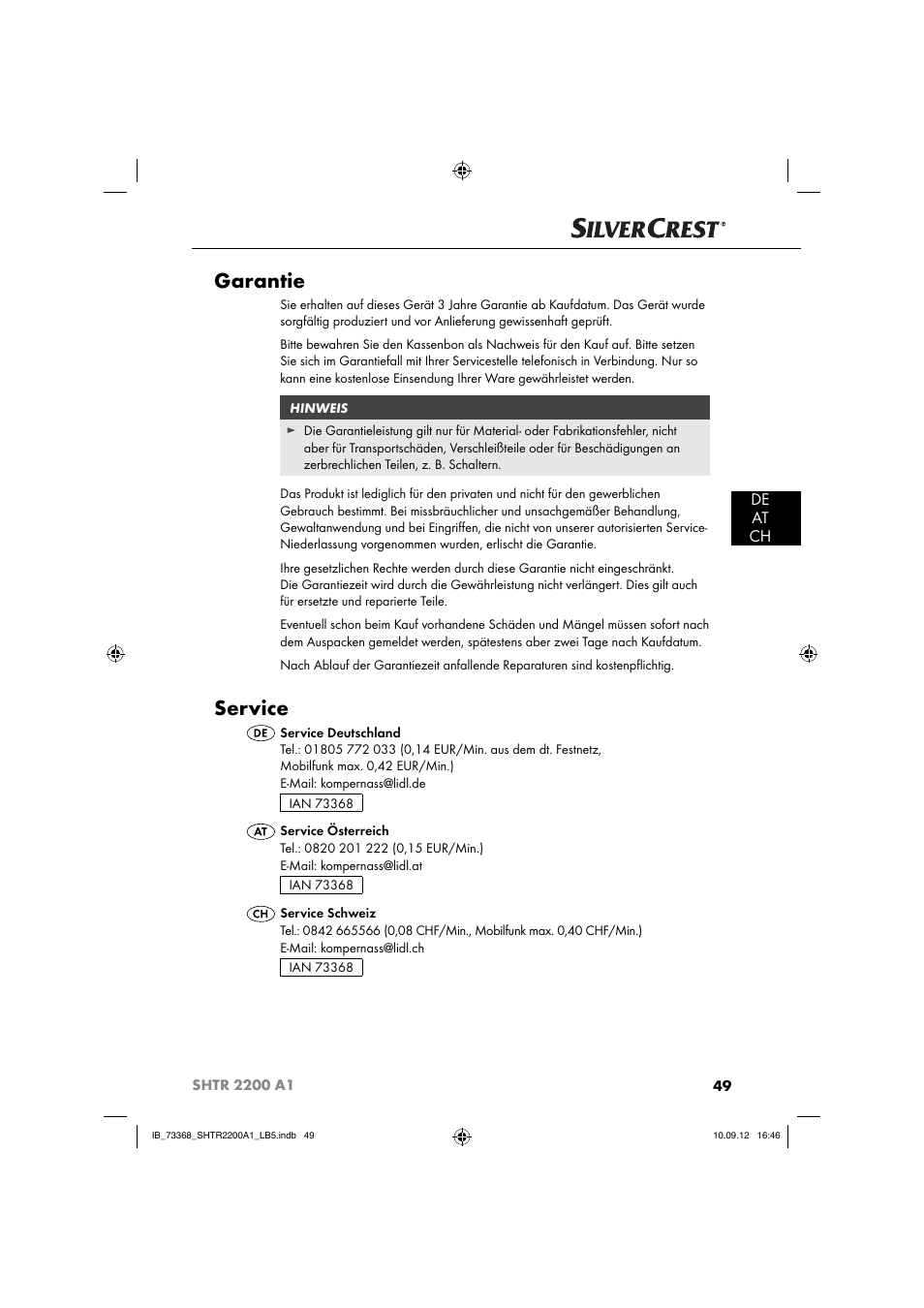 Garantie, Service, De at ch | Silvercrest SHTR 2200 A1 User Manual | Page 52 / 54