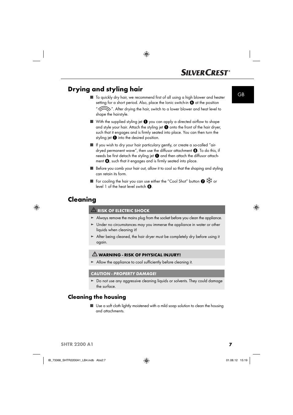 Drying and styling hair, Cleaning, Cleaning the housing | Silvercrest SHTR 2200 A1 User Manual | Page 10 / 54