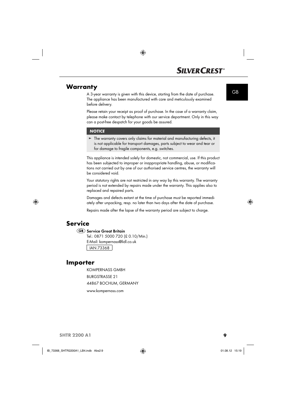 Warranty, Service, Importer | Silvercrest SHTR 2200 A1 User Manual | Page 12 / 54