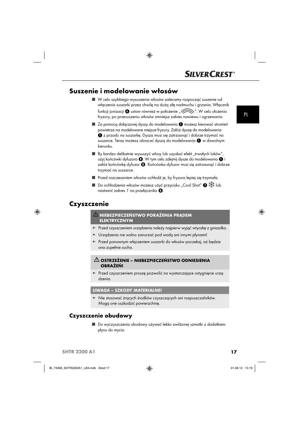 Suszenie i modelowanie włosów, Czyszczenie, Czyszczenie obudowy | Silvercrest SHTR 2200 A1 User Manual | Page 20 / 54