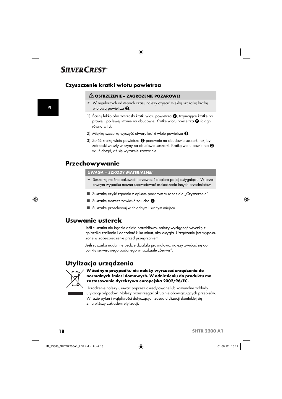 Przechowywanie, Usuwanie usterek, Utylizacja urządzenia | Czyszczenie kratki wlotu powietrza | Silvercrest SHTR 2200 A1 User Manual | Page 21 / 54