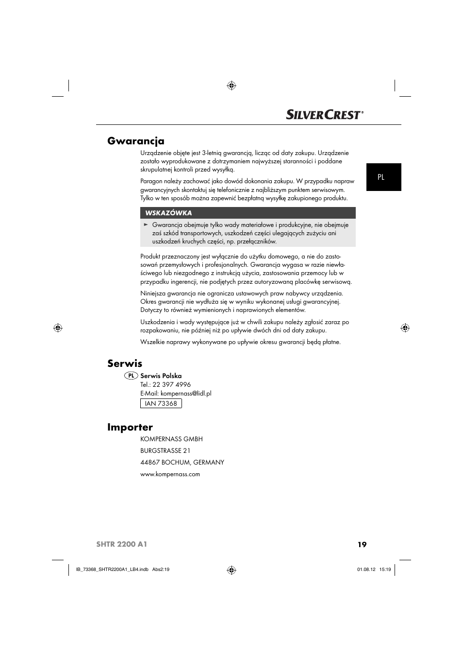 Gwarancja, Serwis, Importer | Silvercrest SHTR 2200 A1 User Manual | Page 22 / 54