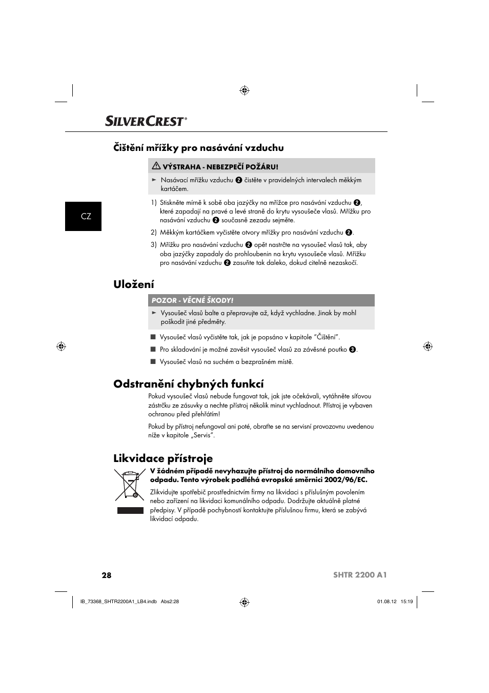 Uložení, Odstranění chybných funkcí, Likvidace přístroje | Čištění mřížky pro nasávání vzduchu | Silvercrest SHTR 2200 A1 User Manual | Page 31 / 54