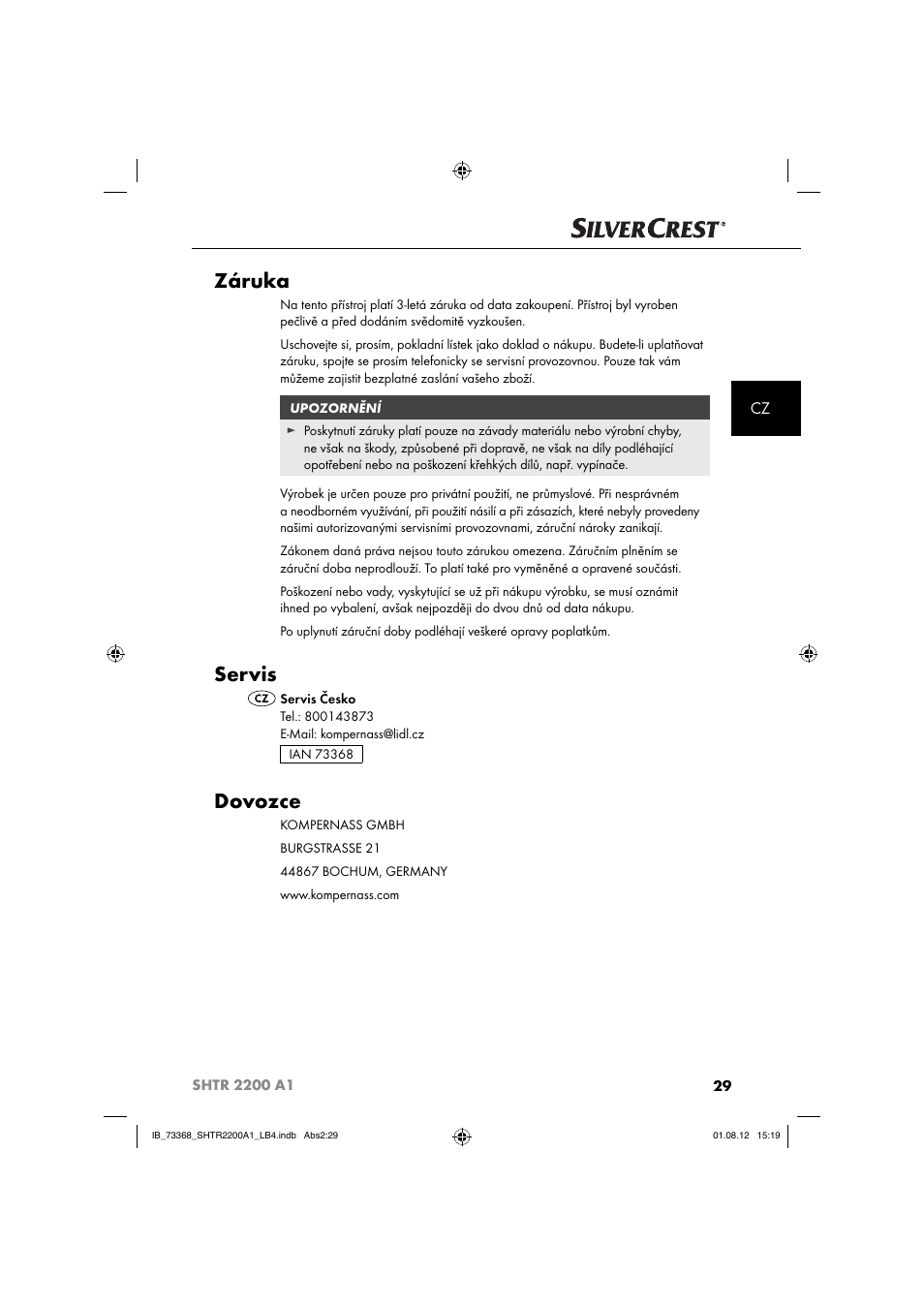 Záruka, Servis, Dovozce | Silvercrest SHTR 2200 A1 User Manual | Page 32 / 54