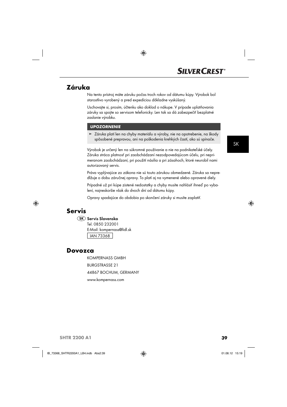 Záruka, Servis, Dovozca | Silvercrest SHTR 2200 A1 User Manual | Page 42 / 54