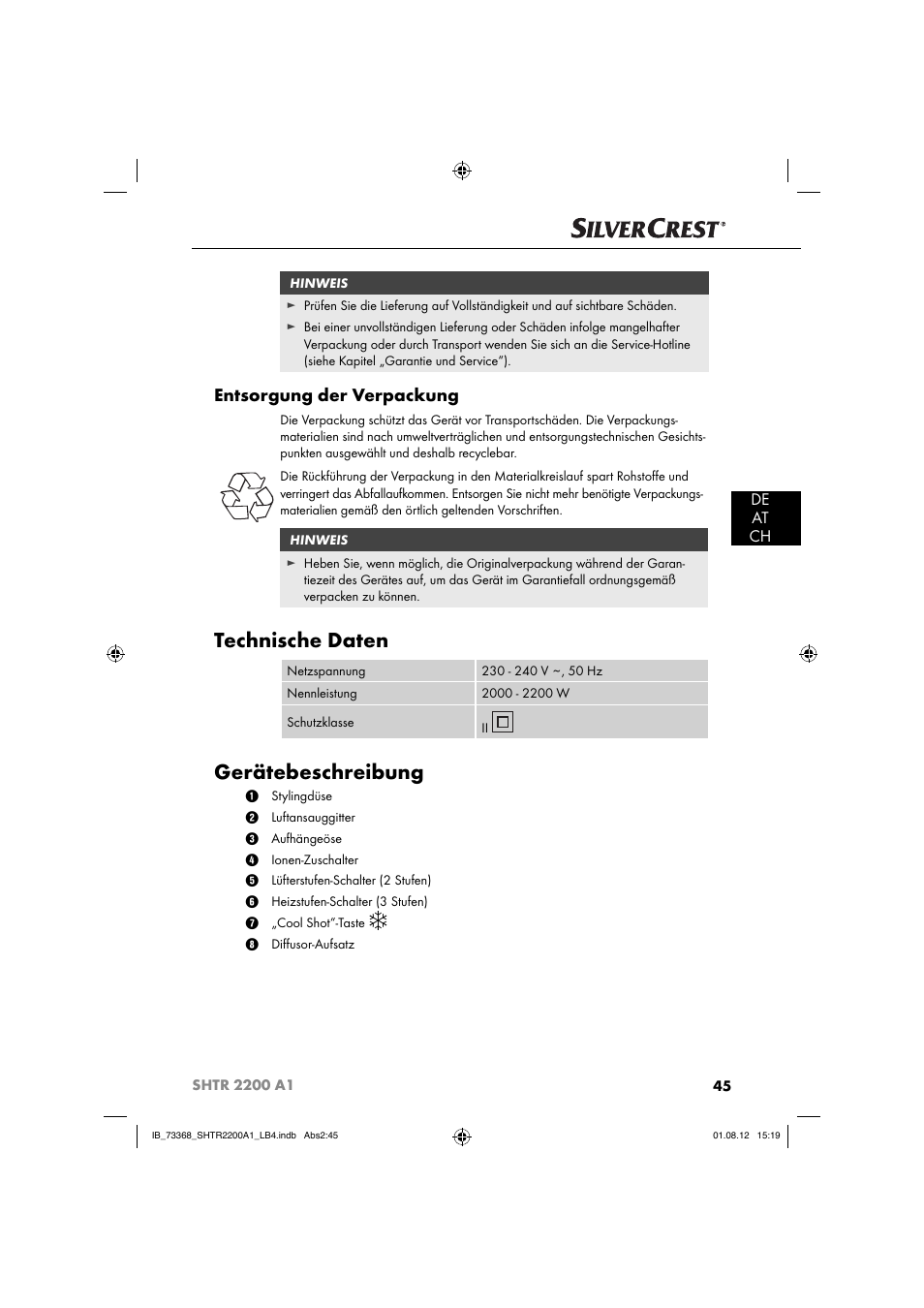 Technische daten, Gerätebeschreibung, Entsorgung der verpackung | De at ch | Silvercrest SHTR 2200 A1 User Manual | Page 48 / 54