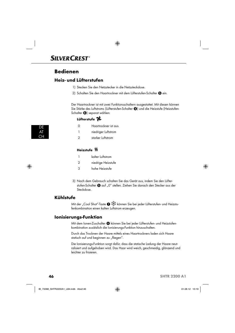 Bedienen, Heiz- und lüfterstufen, Kühlstufe | Ionisierungs-funktion, De at ch | Silvercrest SHTR 2200 A1 User Manual | Page 49 / 54