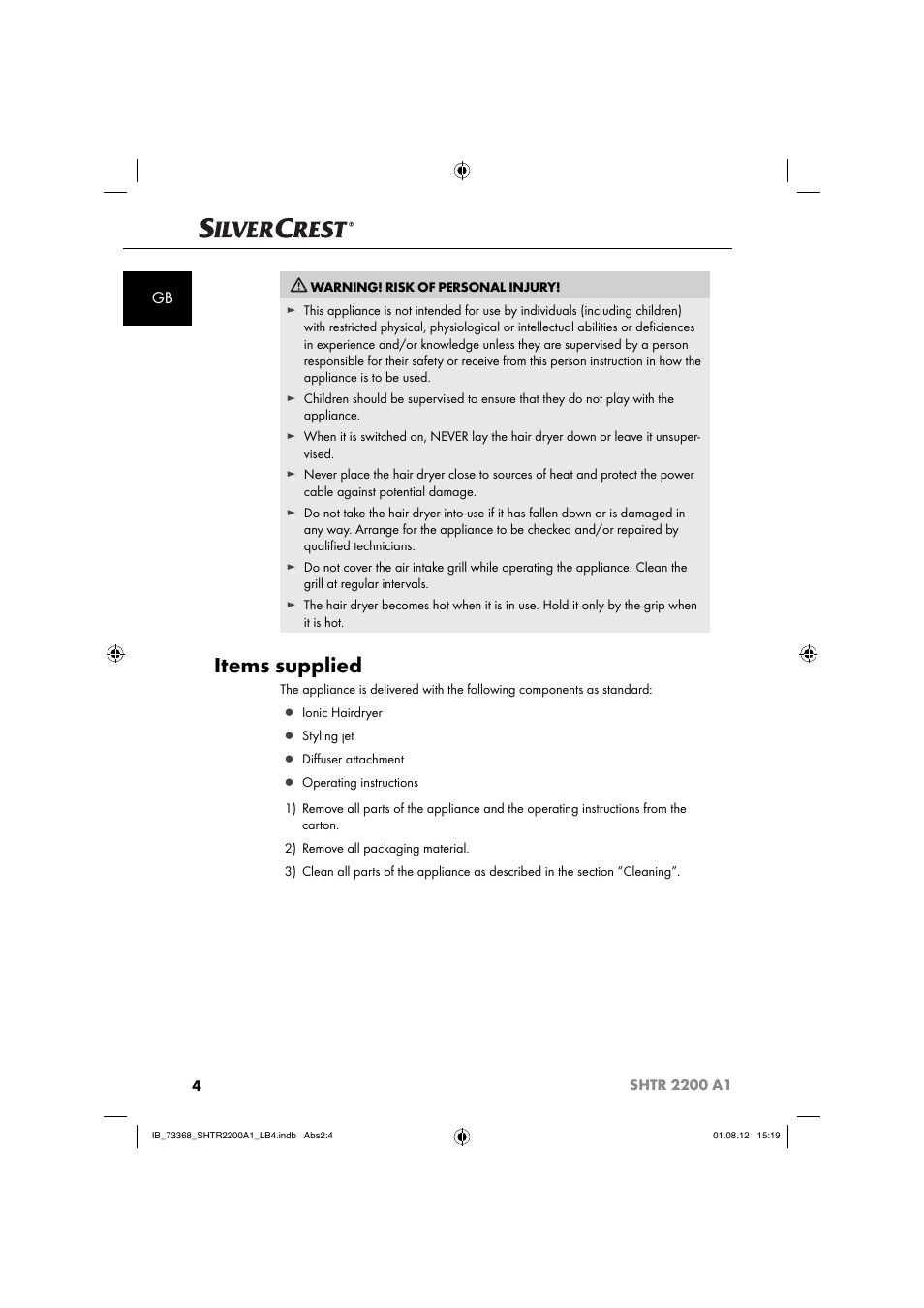 Items supplied | Silvercrest SHTR 2200 A1 User Manual | Page 7 / 54
